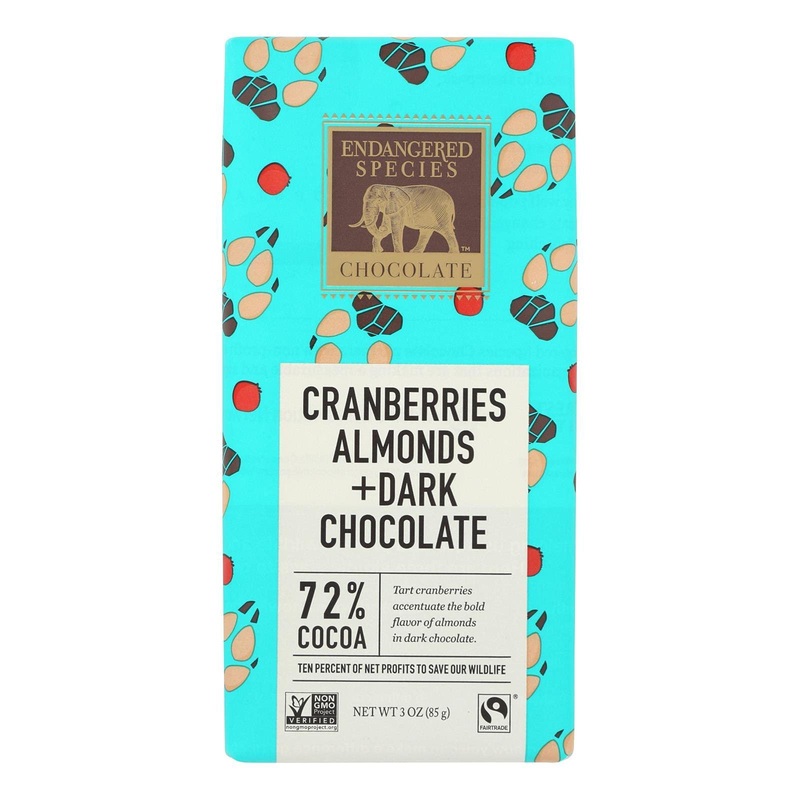 Endangered Species Chocolate Cranberries Almonds + Dark Chocolate 72% Cocoa 3 oz (85 g)