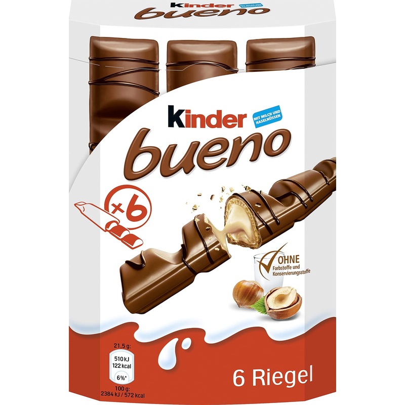 Ferrero children Bueno-chocolate bar with milk-hazelnut cream-1 pack of 6 single bars (6 x 21.5 g) Classic 6 bar (1 Pack)