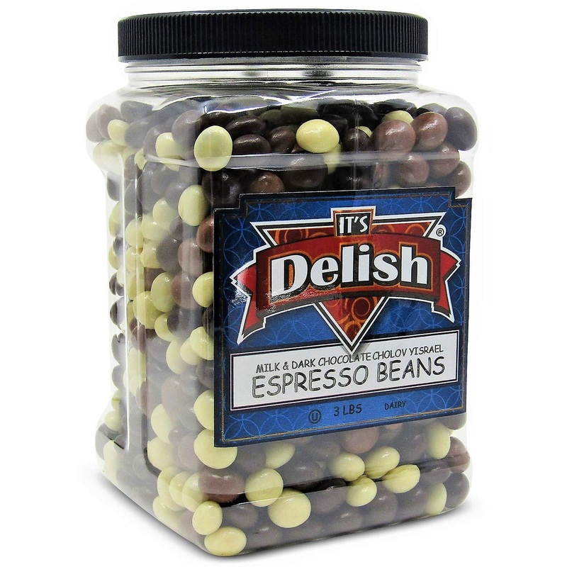 Gourmet Chocolate Covered Espresso Beans Medley by Its Delish  3 LBS Jumbo Reusable Container  Premium Kosher Dairy Mix of Dark, Milk & White Chocolate Covered Coffee Beans