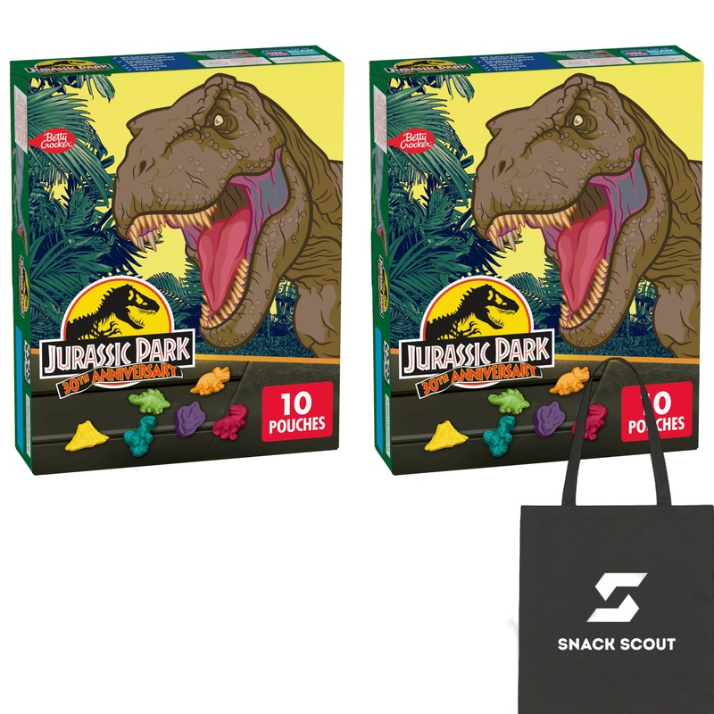 Jurassic World Fruit Flavored Snacks Treat Pouches 0.8 oz 10 ct (Pack of 2) Bundle with Snack Scout Lunch Bag