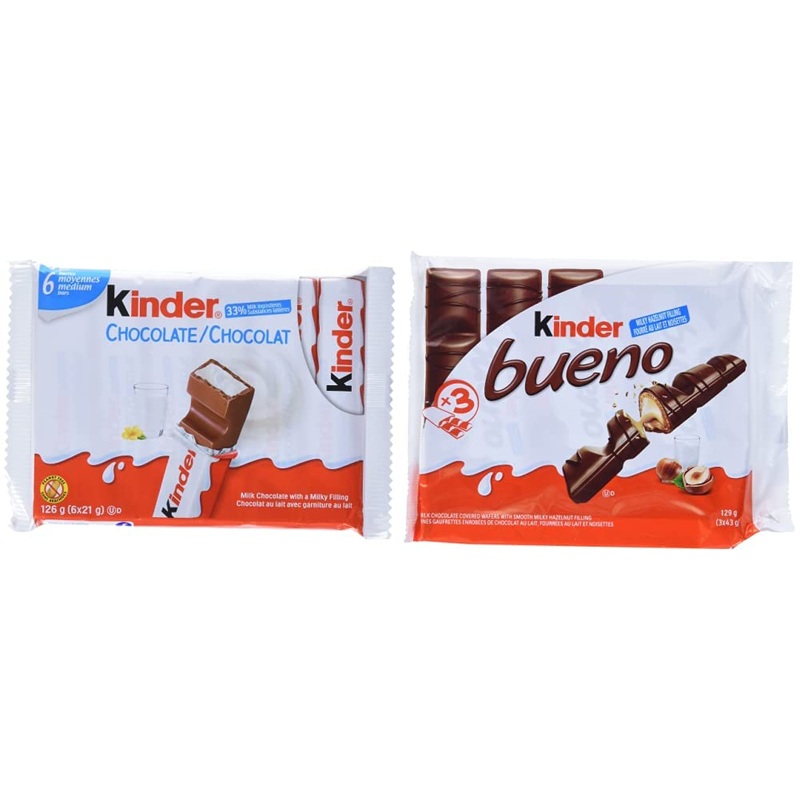 Kinder Chocolate Single Bars 6-Pack. Individually Wrapped Milk Chocolate Bars (126g) & Bueno Chocolate and Hazelnut Cream Candy Bar 3 Packs 2 Individually Wrapped Bars Per Pack (129g)