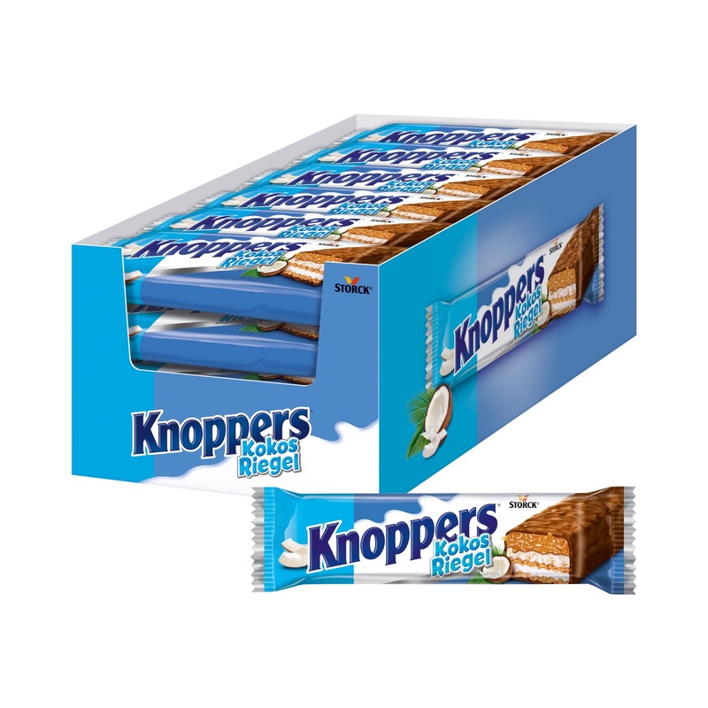 Knoppers coconut bar - 24 x 40g - waffle bar with milk cream coconut cream hazelnuts coconut flashing and tender caramel enveloped by whole milk chocolate 24 x 40g coconut