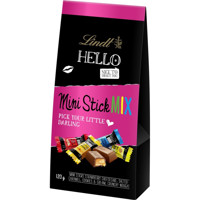 Lindt Hello Mini-Stick Mix |120 G |Filled whole milk chocolate in 4 varieties (Crunchy Nougat Strawberry Cheesecake Cookies & Cream Salted Caramel) |Small chocolate gifts mix bag 120 g