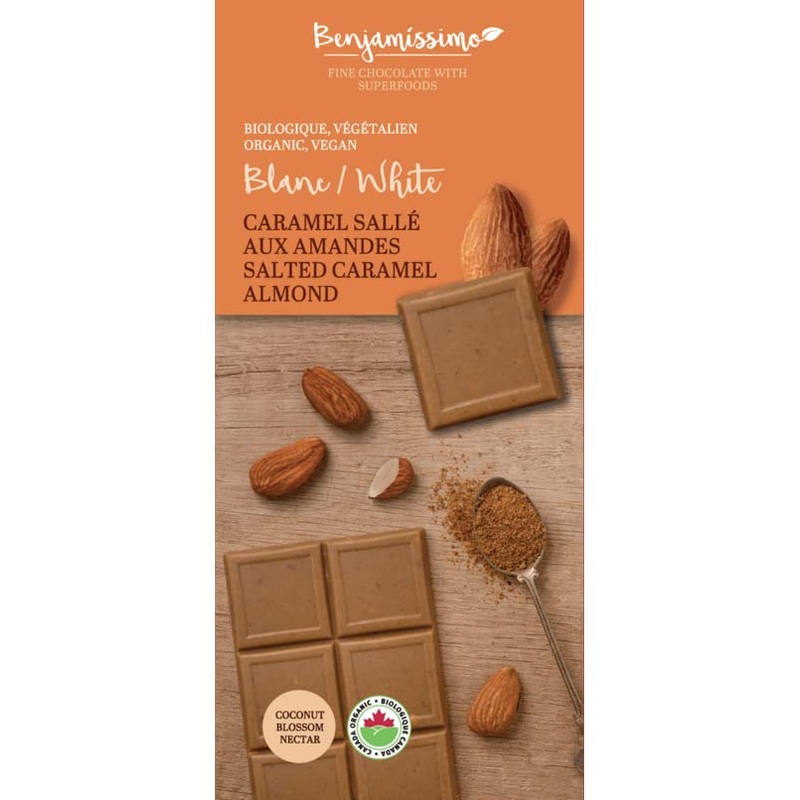 Benjamissimo Organic Vegan White Chocolate Bars 70g (Salted Caramel Almond Single) Salted Caramel Almond Single