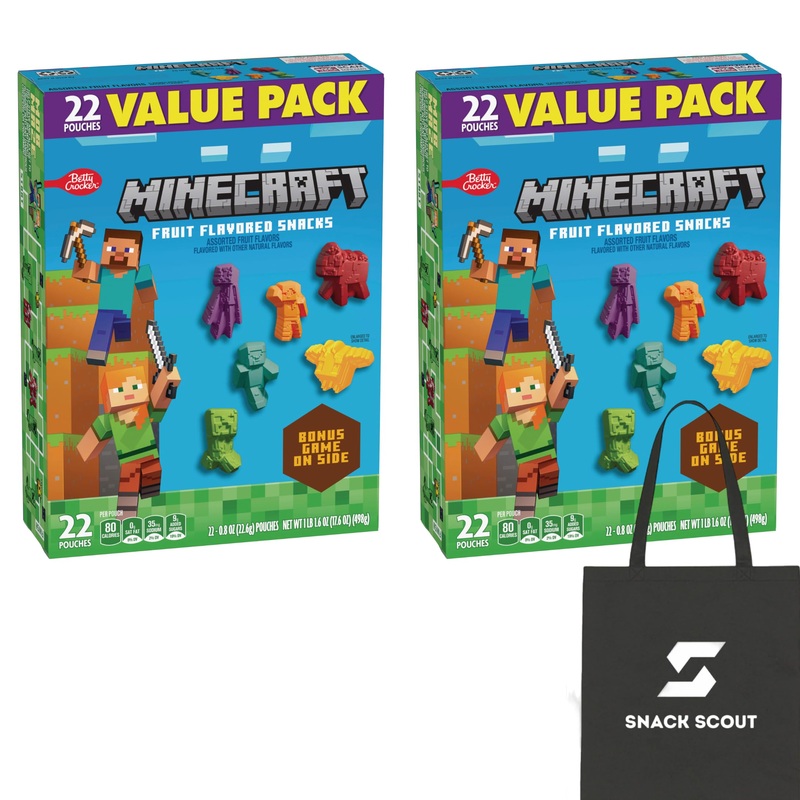 Betty Crocker Minecraft Fruit Flavored Kids Snacks Fat Free and Gluten Free Snack Value Pack 17.6 oz 22 Pouches (Pack of 2) Bundle With Snack Scout Lunch Bag