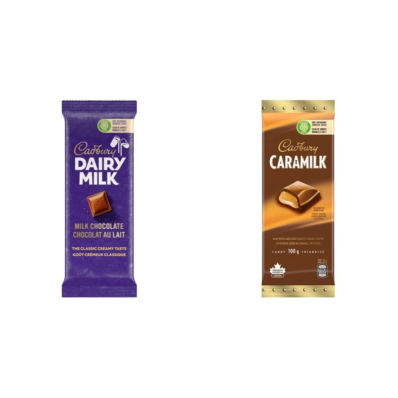 Cadbury Dairy Milk Chocolate 100g/3.5 oz. Bar & Caramilk Chocolate 100g Chocolate + Caramilk Chocolate