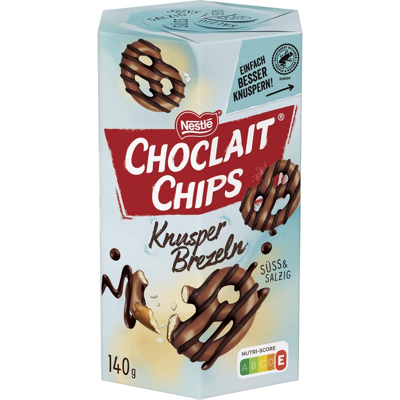 Choclait chips nestl choclait chips crispy brezel crispy salt pretzels with milk chocolate coating and decorative strips made of dark chocolate 1 x 140g)