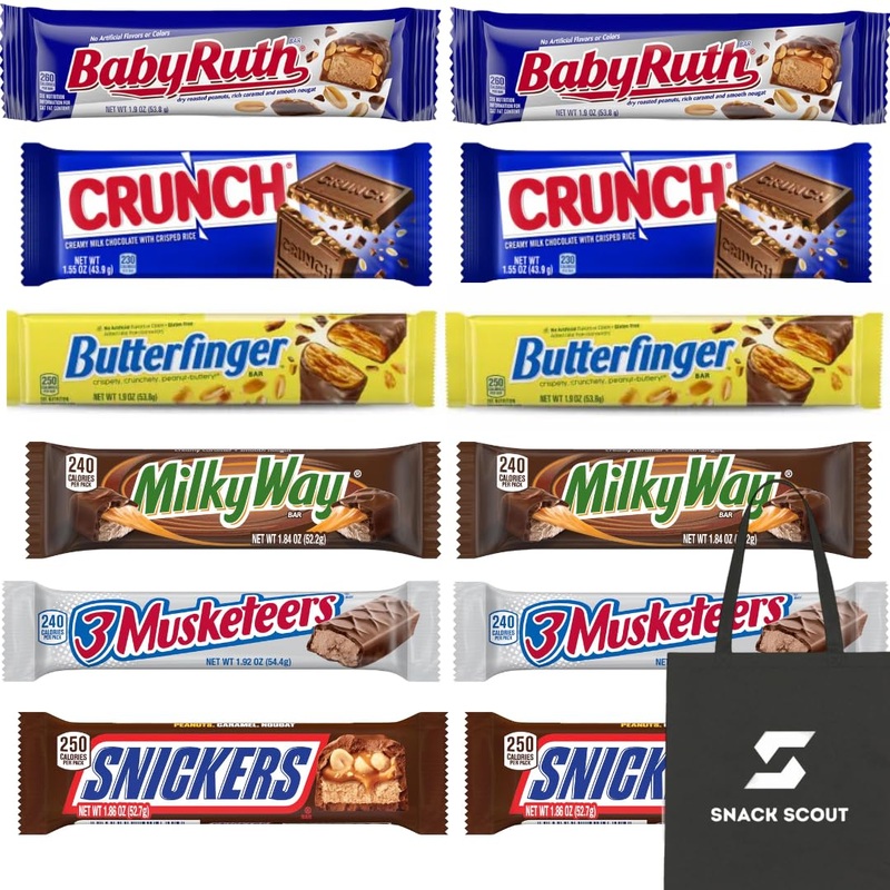 Ferrero & Mars Ultimate American Full Size Chocolate Bar Variety Bundle With Snack Scout Lunch Tote Bag (12 Full Size Bars)