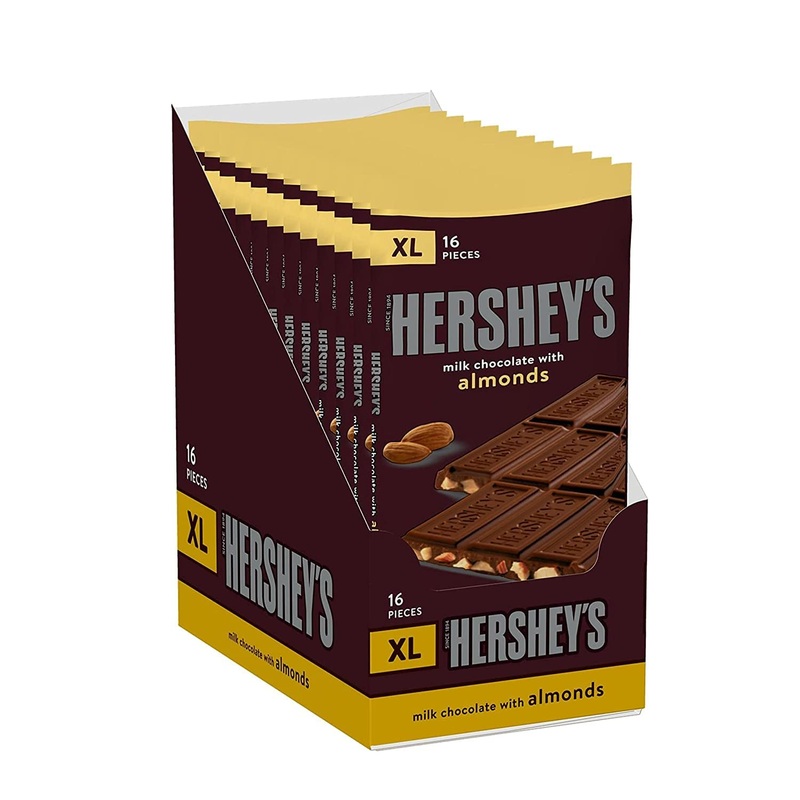 HERSHEY'S Milk Chocolate with Almonds XL Candy, Bulk Individually Wrapped, 4.25 oz Bars (12 Count, 16 Pieces) Chocolate 4.25 Ounce (Pack of 12)