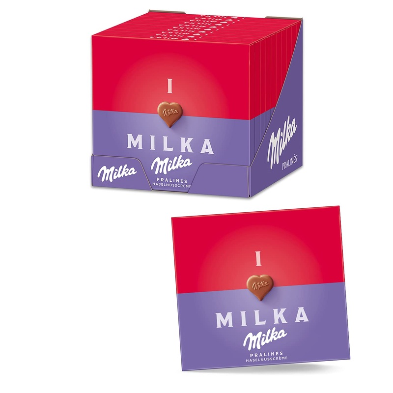 I LOVE Milka 10 x 110g pralines made from delicate Alpine milk chocolate filled with hazelnut cream chocolate 110 g (pack of 10)
