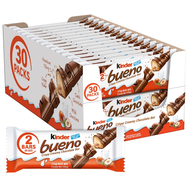 Kinder Bueno, Milk Chocolate And Hazelnut Cream, 2 Individually Wrapped Chocolate Bars, 1.5 Oz, Bulk 30 Pack 1.5 Ounce (Pack of 30)
