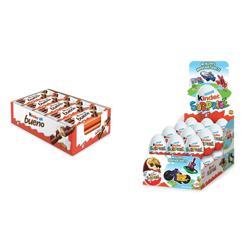 Kinder Bueno Milk Chocolate and Hazelnut Cream Candy Bars 20 Packs 2 Individually Wrapped Bars Per Pack (20 x 43g) & Surprise Milk Chocolate Eggs with Toys Classic 24 Pack 480 grams (20gx24)