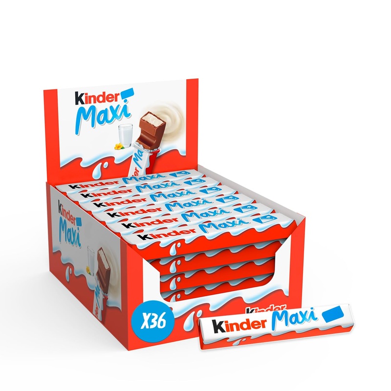 Kinder Maxi - Chocolate Bar with a Soft Milk Heart Coated with Kinder Chocolate - Soft and Delicious Snack - Family Size - 36 Bars