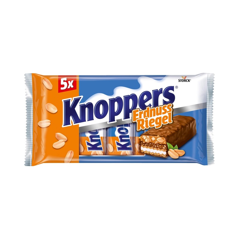 Knoppers peanut bar - 1 x 200g (5 bars) - waffle bar with milk cream peanut cream salted chopped peanuts and tender caramel enveloped by whole milk chocolate 5 pieces (1 Pack)