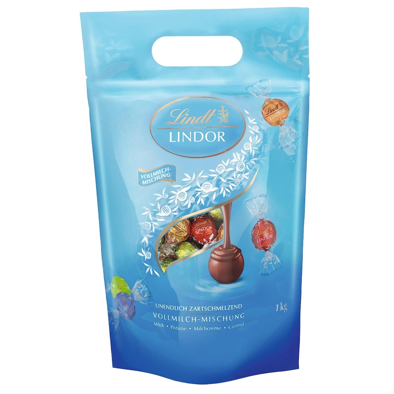 Lindt chocolate lindor balls whole milk mixture |1 kg bag resealable |approx. 80 balls in 4 varieties (milk pistachio milk cream caramel) |Large pack |Chocolate gift fully milk mixture 1 kg