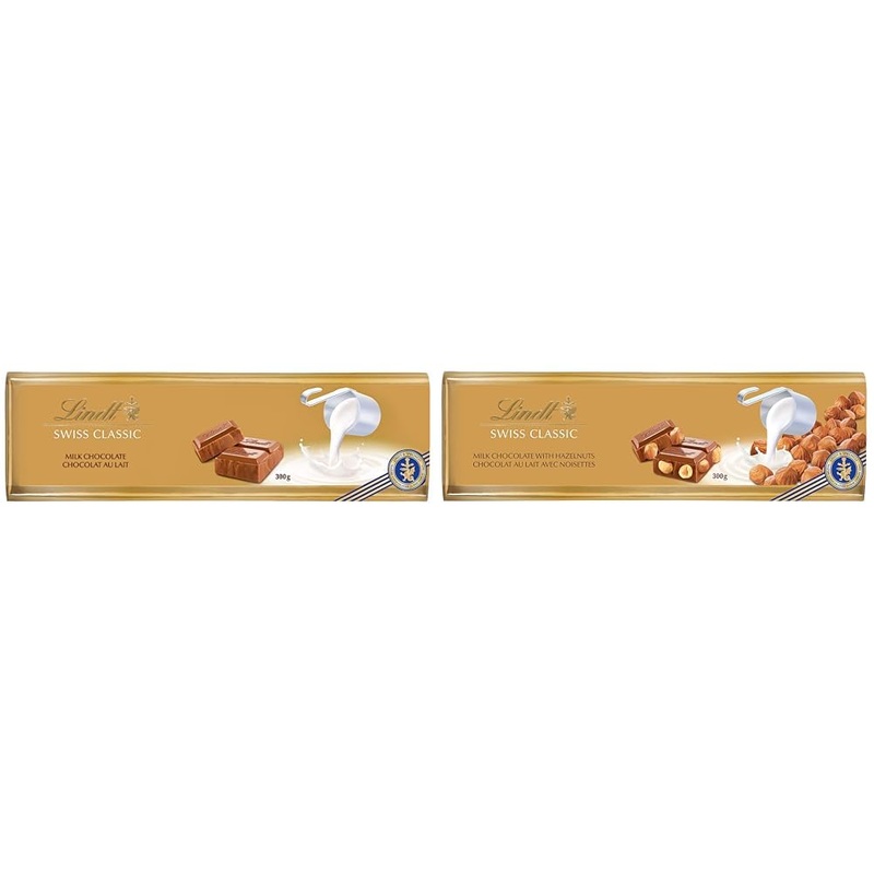 Lindt SWISS CLASSIC Gold Milk Chocolate Bar 300 Grams & Swiss Classic Milk Chocolate With Whole Roasted Hazelnuts - 300g Bar + Milk Chocolate