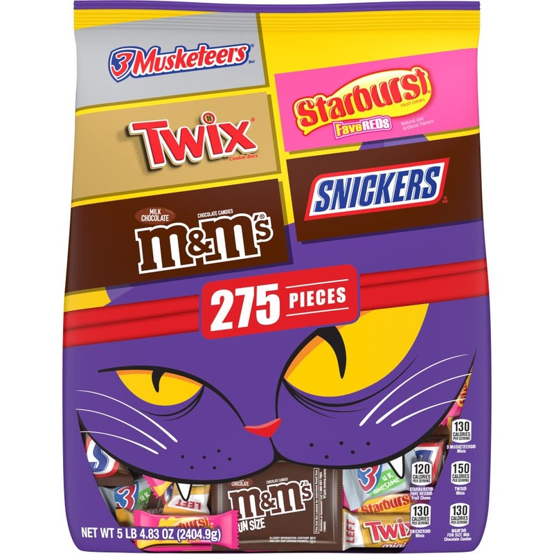 M&M'S Milk Chocolate, SNICKERS Chocolate Candy Bars, TWIX Caramel Cookie Bars, STARBURST Chewy Candy & 3 MUSKETEERS Chocolate Candy Bars Bulk Assorted Halloween Candy - 5lbs/275 Pieces 275 Count (Pack of 1)