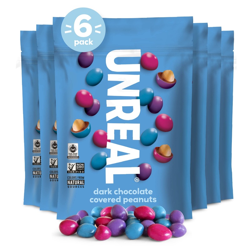 UNREAL Dark Chocolate Peanut Gems - Certified Vegan Fair Trade, Non-GMO - Made with Gluten Free Ingredients and Colors from Nature - No Sugar Alcohols or Soy - 6 Bags Dark Peanut Gems 5 Ounce (Pack of 6)