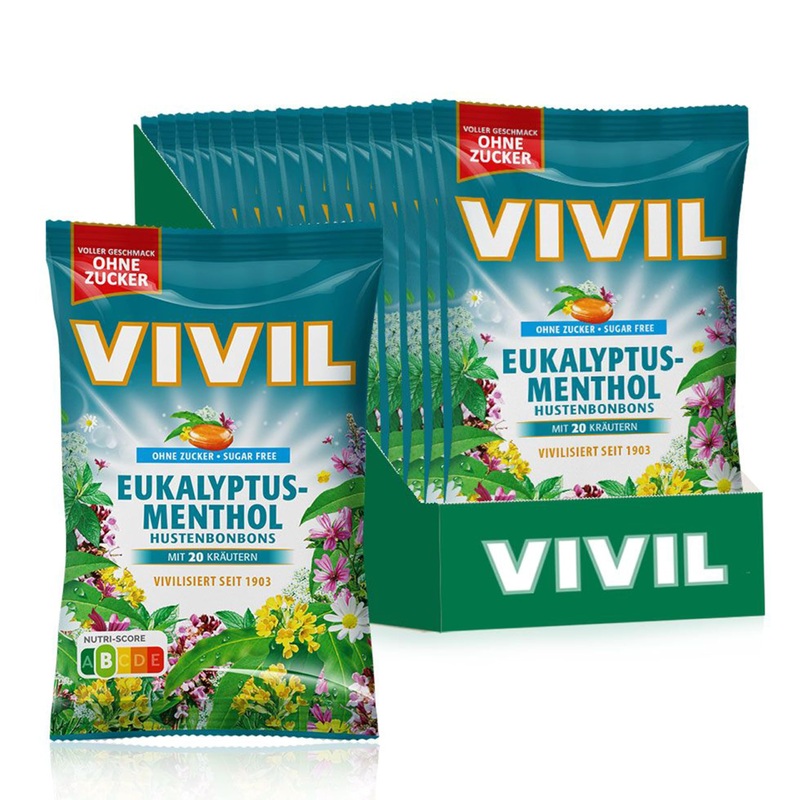 Vivil Eucalyptus-Medhol with 20 herbs 15 bags cough candies with eucalyptus taste sugar-free & vegan 15 x 120g eucalyptus-menthol 15 bags