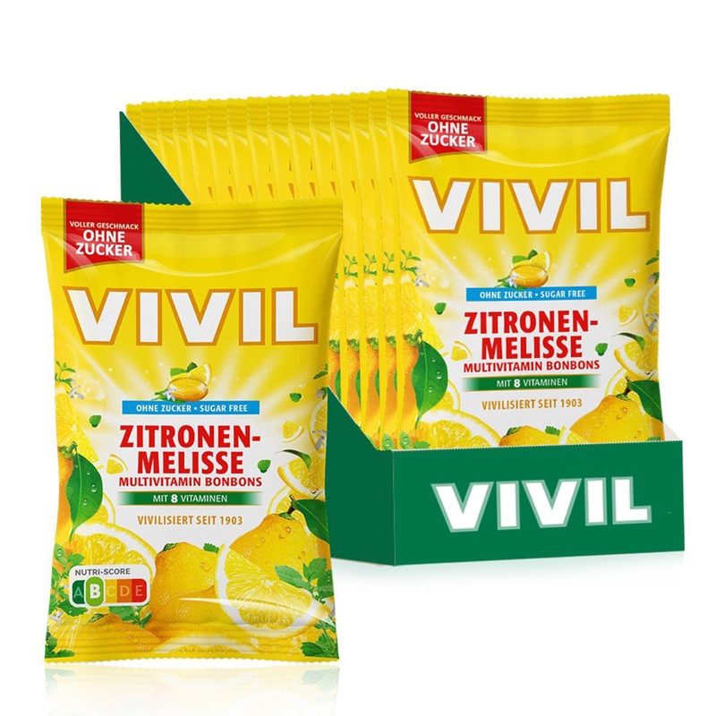 Vivil lemon balm with 8 vitamins 15 bags multivitamin candies with lemon melestry taste sugar -free & vegan 15 x 120g lemon balm 15 bags