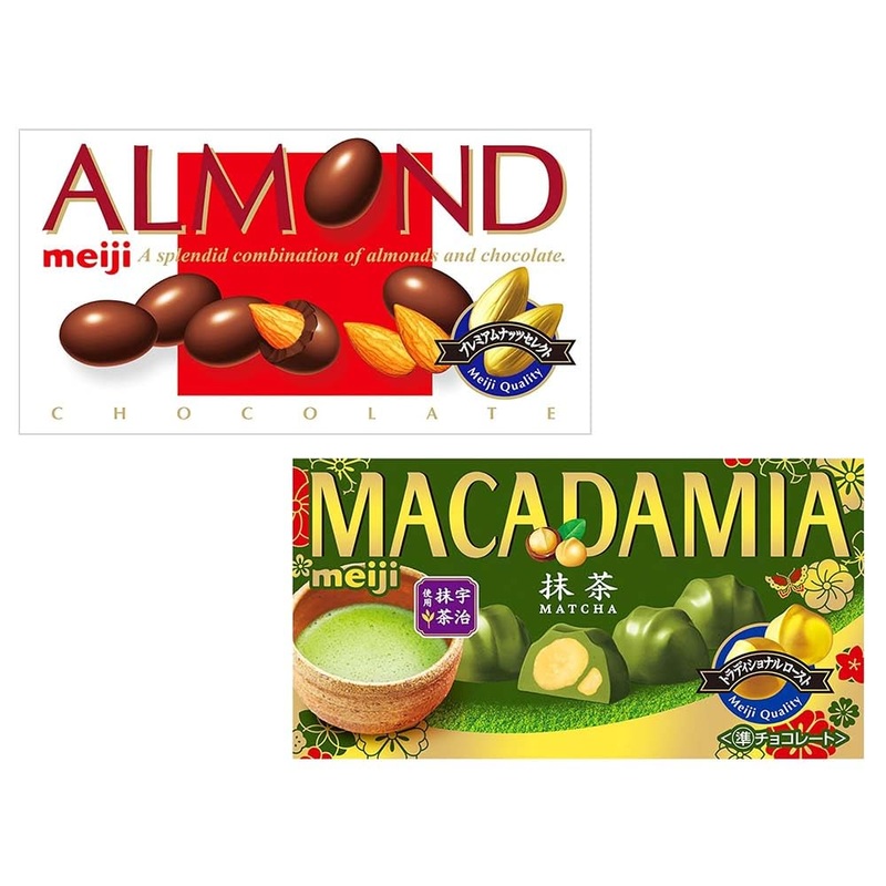 "ALMOND" Chocolate Milk and "MACADAMIA" Chocolate Matcha Flavor 2 types set meiji With MAIKO sticker Pio big bazar