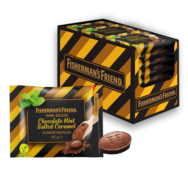 Fisherman's Friend Chocolate Mint Salted Caramel pastilles with chocolate mint & salt caramel taste sugar-free & vegan candies 20 x 30g