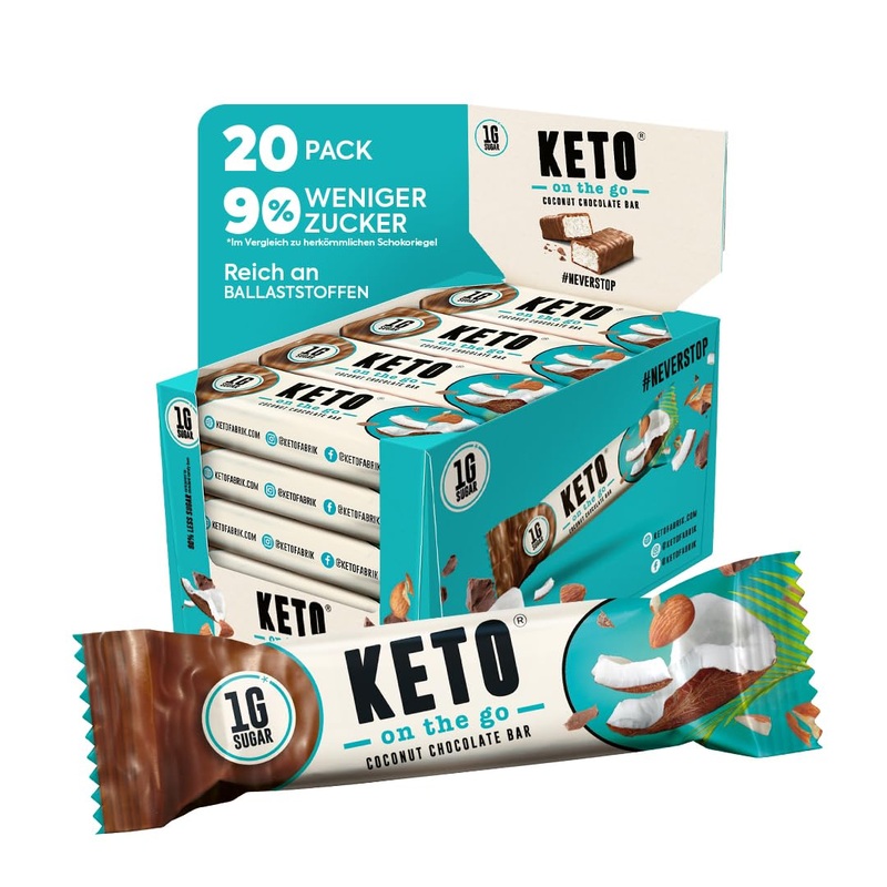 Ketofabrik low carb keto bar without added sugar - coconut 20 x 35g - only 1g sugar per bar - keto sweets without sugar - sugar -free sweets vegan coconut 1 g (20 pack)