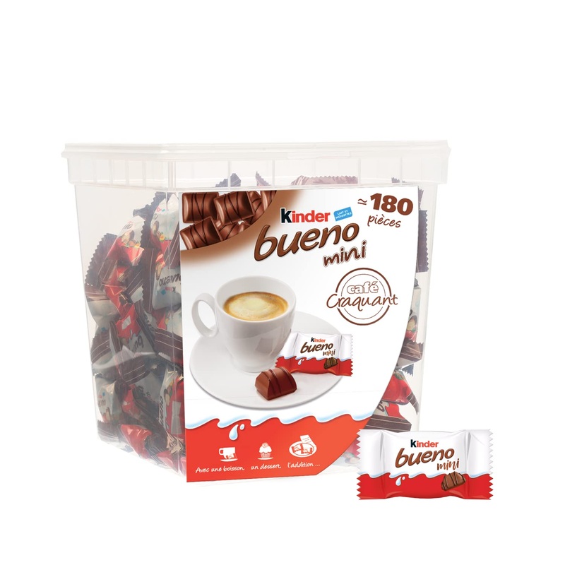 Kinder Bueno Mini - Thin Wafers Coated with Milk Chocolate and Hazelnut Filling - Fondant and Crispy Snack - Box of 180 Pieces