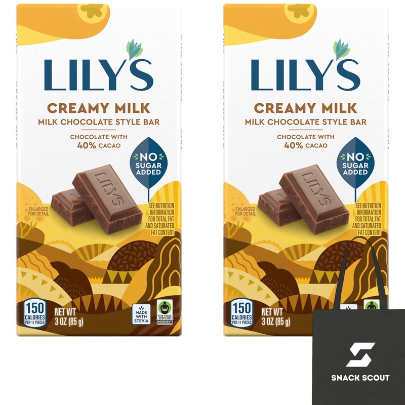 Lily's Creamy Milk Chocolate Style No Sugar Added Sweets Bar 3 oz (Pack of 2) Bundle With Snack Scout Lunch Bag