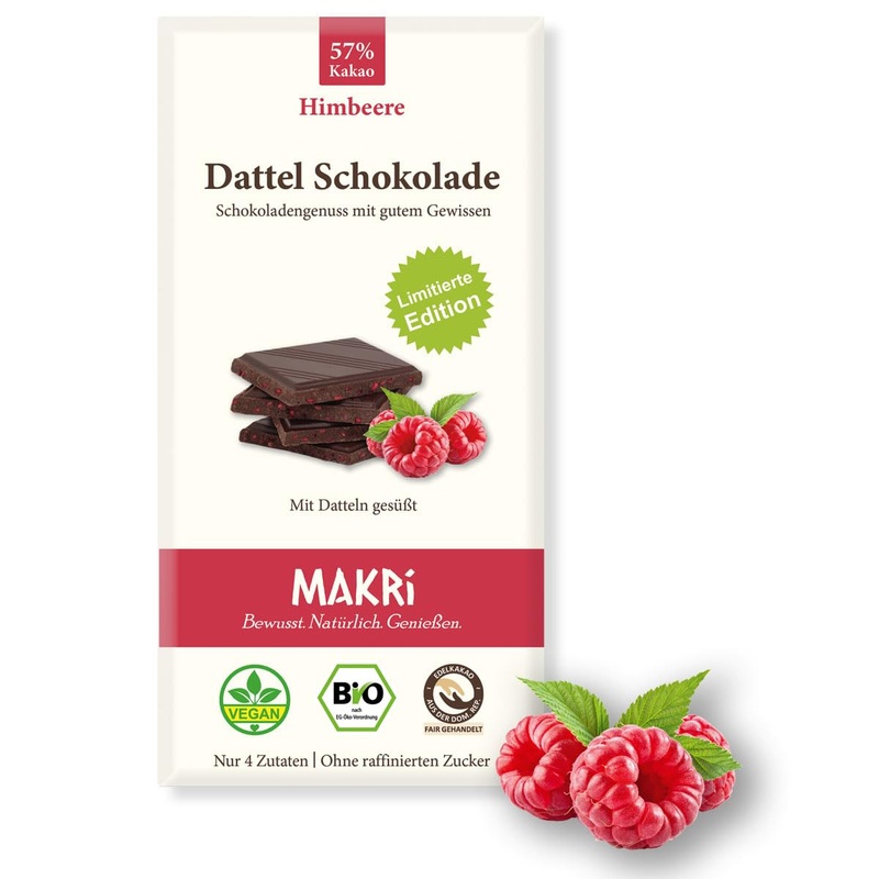 Makri Bio Dattel chocolate - without refined sugar sweetened with dates vegan & fair trade (1 board raspberry 57%) raspberry 57% 1 panel