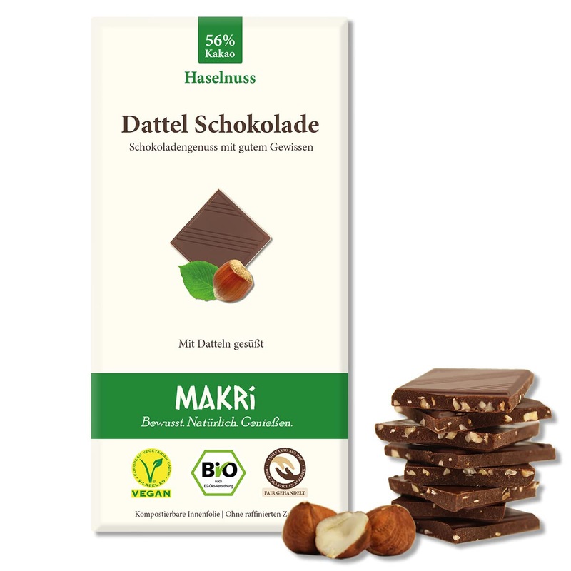 Makri Bio Dattel chocolate - without refined sugar sweetened with dates vegan & fair trade (hazelnut 56% 1 board) hazelnut 56% 1 piece (1 Pack)