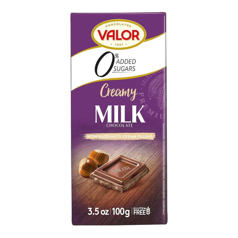 Valor No Sugar Added Creamy Milk Chocolate Bar With Hazelnut Filling 100 grams