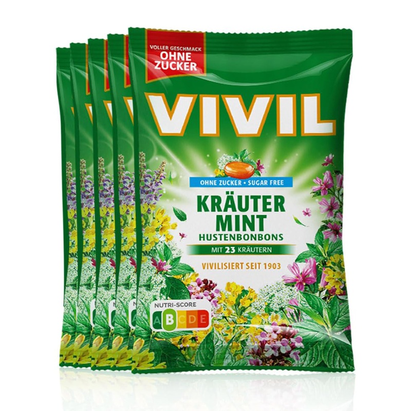 VIVIL herbal mint with 23 herbs 5 bags cough drops with herbal flavor sugar-free & vegan 5 x 120g herbal mint 5 bags