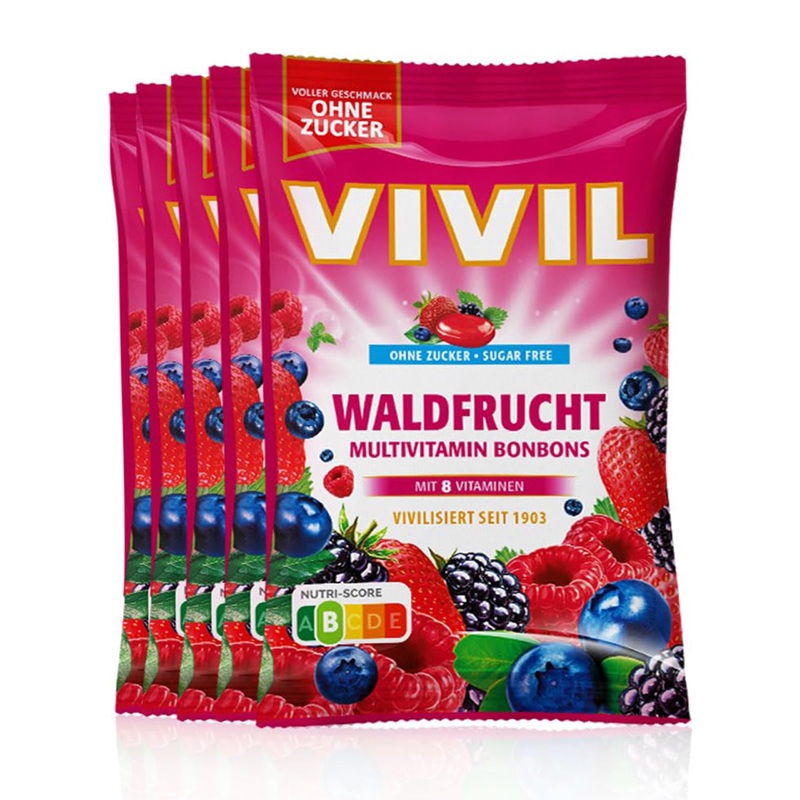 Vivil Waldfrucht with 8 vitamins 5 bags multivitamin candies with forest fruit taste sugar -free & vegan 5 x 120g forest fruit 5 bags