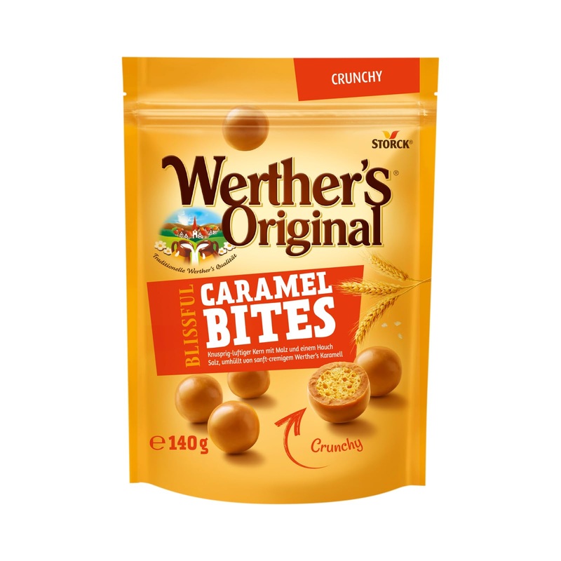 Werther s original Blissful Caramel Bites Crunchy-crispy-air balls covered with malt covered by gentle-creamy Werther s caramel-1 x 140g caramel 140g (Pack of 1)