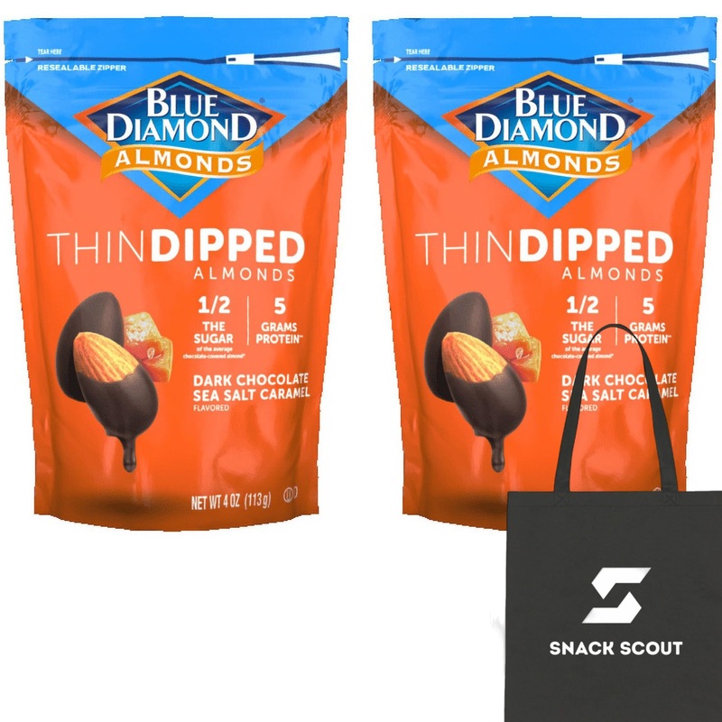 Blue Diamond Almonds Dark Chocolate Sea Salt Caramel Thin Dipped Covered Natural Almonds 4oz (Pack of 2) Bundle With a Snack Scout Lunch Bag