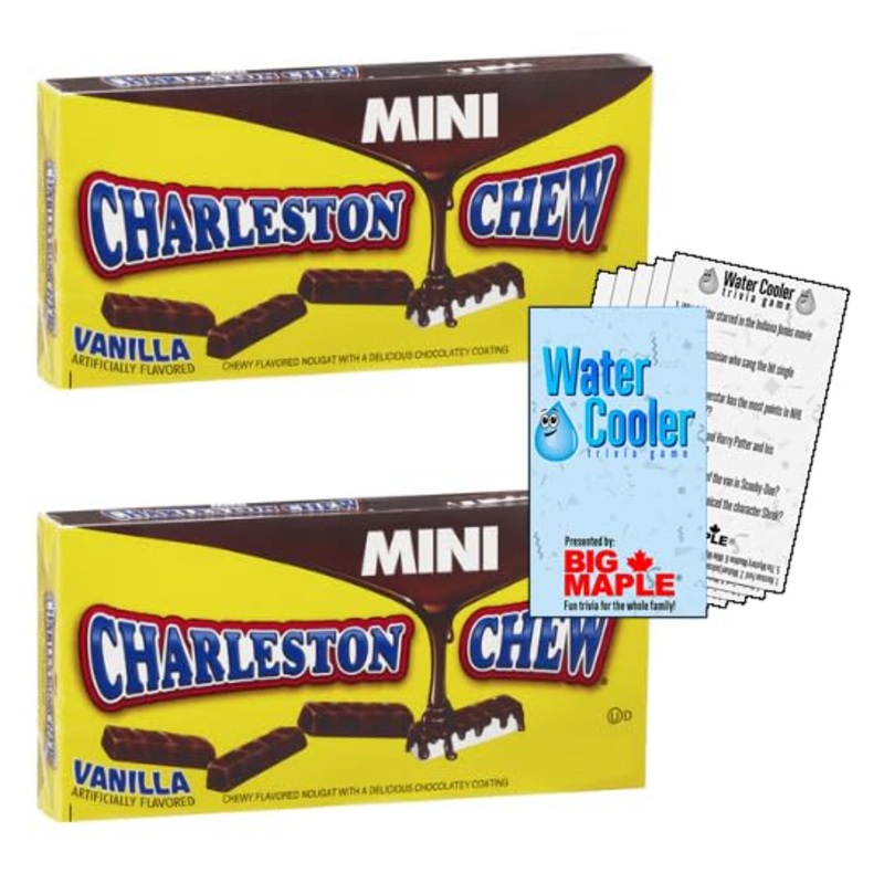 Charleston Chews Candy Bundle. Includes (2) Packages of Charleston Chews Mini Vanilla & Chocolate Candy (113g) w/Water Cooler Trivia Game by BIG MAPLE. Retro Treat. Snack for Movies Office School Home