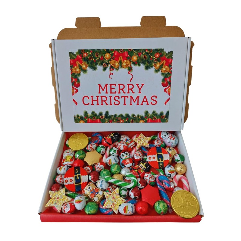 Christmas Milk Chocolate Assortment Sweet Gift Box Hamper Xmas Stocking Filler Christmas Treats Box - Santa Belt coin Santas Nutcracker Sprouts Stars 425g