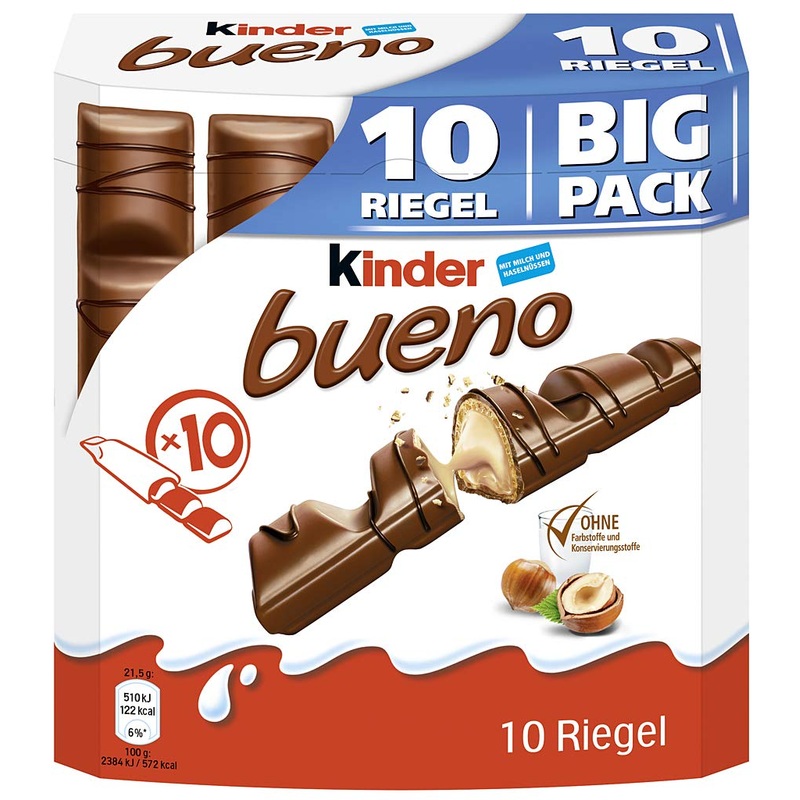 Ferrero children Bueno Big Pack-chocolate bar with milk-hazelnut cream-1 pack of 10 single bars (10 x 21.5 g) Classic 10 bars (1 Pack)