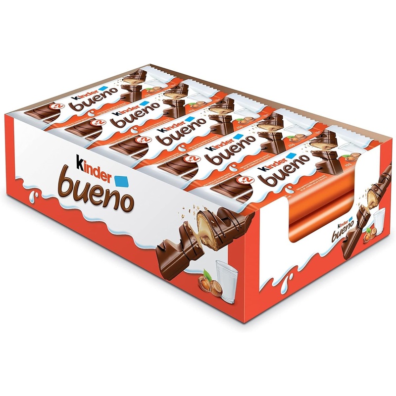 KINDAR BUENO Milk Chocolate and Hazelnut Cream Candy Bars 20 Packs 2 Individually Wrapped Bars Per Pack (20 x 43g)