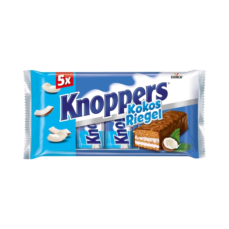 Knoppers coconut bar - 1 x 200g (5 bars) - waffle bar with milk cream coconut cream hazelnuts coconut rasps and delicate caramel enveloped by whole milk chocolate 1 x 200g coconut