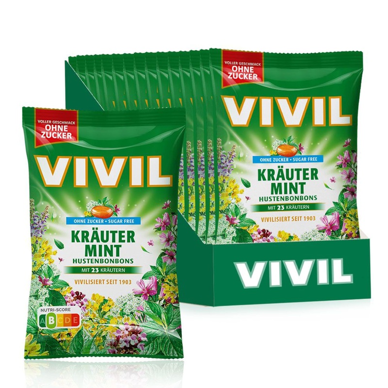 Vivil herbal-mint with 23 herbs 15 bags coughing candies with herbal taste sugar-free & vegan 15 x 120g herbal-mint 15 bags
