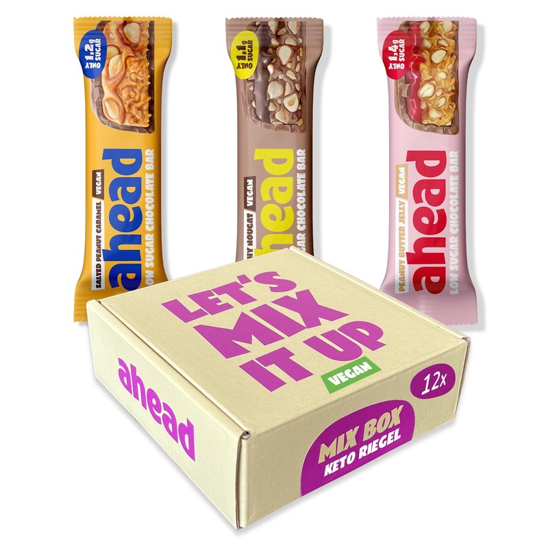 AHEAD Bar Sample Pack Vegan 12x Keto Bars with no added sugar max. 1.7g sugar per chocolate bar 3x4