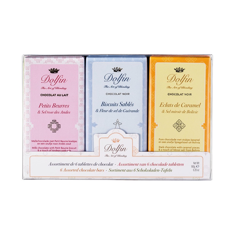 Dolfin Chocolate Bar "Sweet-Sal " - 6 Pieces Milk & Dark Chocolate - Pistachios Caramel Shortbread Small Butter Almonds Cocoa Flakes Punjab Pink Salt - 180g