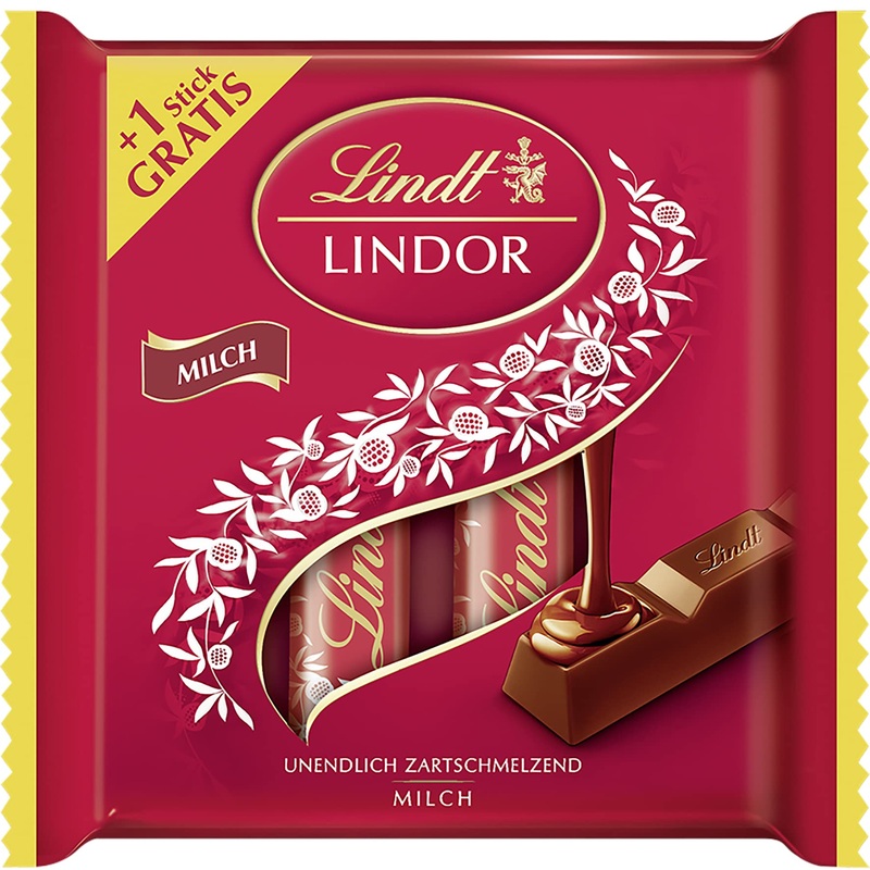Lindt chocolate lindor sticks whole milk 3 + 1 promotion |100 g (4 x 25 g chocolate bar) |Lindor Sticks Milk with a delicate melting filling |Fully milk chocolate | Gift
