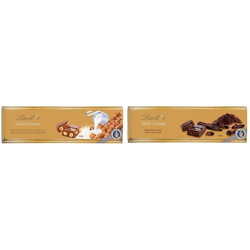 Lindt Swiss Classic Milk Chocolate With Whole Roasted Hazelnuts - 300g & SWISS CLASSIC Gold Surfin Dark Chocolate Bar 300 Gram Chocolate Bar