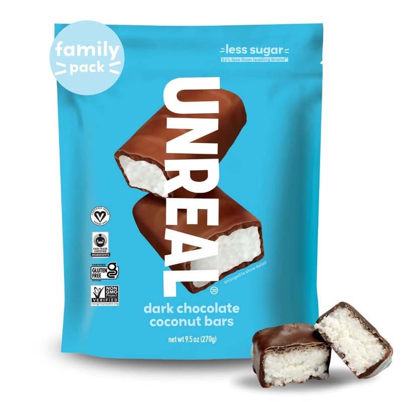 UNREAL Dark Chocolate Coconut Bars  3g Sugar  Certified Vegan Gluten Free Fair Trade Non-GMO  No Sugar Alcohols or Soy  Family Pack 9.5 Ounce (Pack of 1)