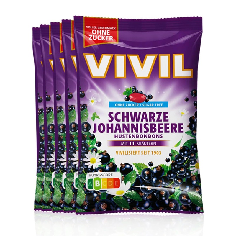 Vivil Black currant with 11 herbs 5 bags coughing candies with currant taste sugar -free & vegan 5 x 120g black currant 5 bags