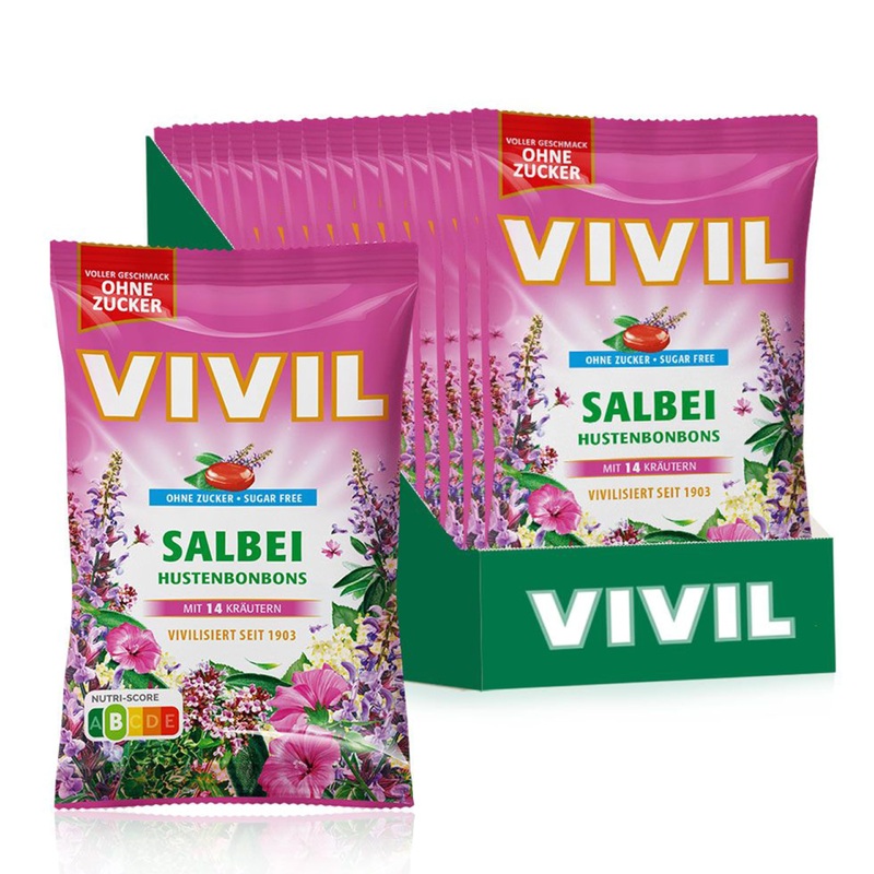 VIVIL Sage with 14 herbs 15 bags cough drops with sage flavor sugar-free & vegan 15 x 120g Sage 15 bags