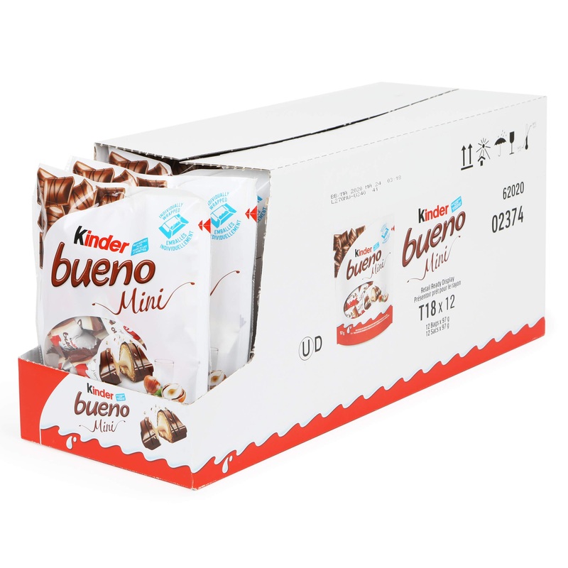 KINDER BUENO Milk Chocolate and Hazelnut Cream Mini Candy Bars 18 Individually Wrapped Chocolates Per Bag 12 Bags (12 x 97g) Kinder Bueno Mini 12 bags (18 pieces each)